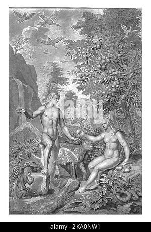 Adam et Eve parmi les animaux au paradis. Eve offre à Adam une pomme de l'arbre interdit. Le serpent qui a tenté Eve de manger des fruits de l'arbre Banque D'Images