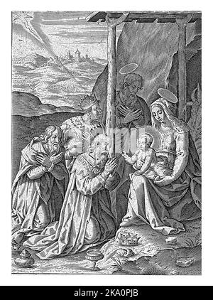 Dans un paysage, sous un maigre, Marie est assise, avec l'enfant Christ sur ses genoux. À côté de ses stands Joseph, avec les bras croisés devant sa poitrine Banque D'Images