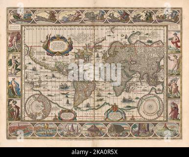 Carte du monde vintage 17th siècle décorée par le cartographe néerlandais Willem Janszoon Blaeu (1571-1638) Banque D'Images