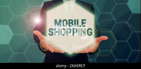 Légende du texte présentant Mobile Shopping. Vitrine commerciale pour l'achat de marchandises effectuées à l'aide d'un téléphone cellulaire Banque D'Images