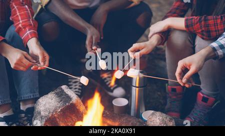 Gros plan d'un feu de camp brûlant et des mains des gens tenant des bâtons avec guimauve au-dessus de la flamme et les jambes des touristes dans les baskets se réchauffant près du feu. Camping et concept alimentaire. Banque D'Images