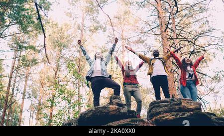 Vue en contre-plongée de jeunes heureux monter les mains de montagne et criant célébrant le succès, les hommes font des cinq hauts. Nature et émotions positives. Banque D'Images