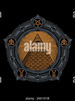 Illustration pyramide Illuminati sur le cercle de style de gravure mandala Illustration de Vecteur