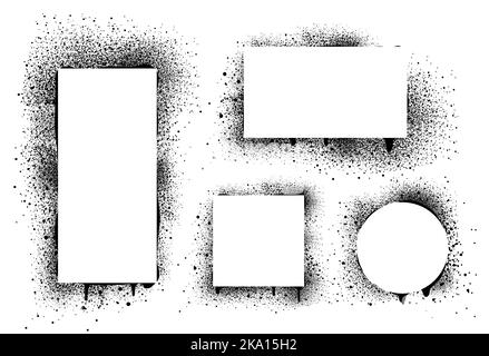 Cadres de peinture en aérosol, bordures de pochoir de graffiti noires isolées sur fond blanc. Banderoles rectangulaires, carrées et rondes à aérographe, toile de fond en relief et éclaboussures de pinceau de texture abstraite, ensemble Vector Illustration de Vecteur