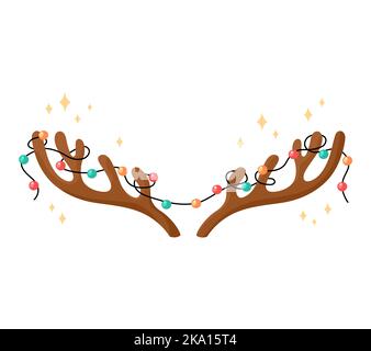 Bois et guirlande isolés. Illustration vectorielle plate. Symbole Noël. Cornes de cerfs et lumières colorées. Élément de décoration de Noël sur fond blanc. Illustration de Vecteur