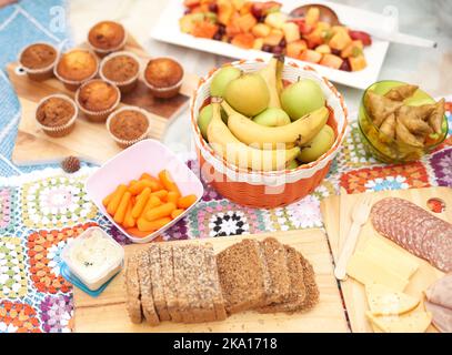 Heure du snack. Un choix de différents types de collations placées ensemble sur une couverture de pique-nique à l'extérieur pendant la journée. Banque D'Images