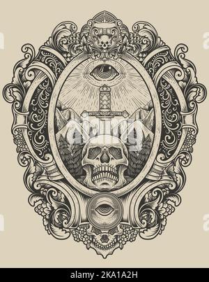 illustration antique épée de crâne avec les yeux sombres style gravure Illustration de Vecteur