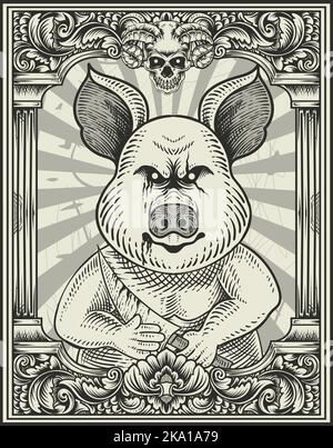 illustration cochon psychopathe vintage avec style gravure Illustration de Vecteur