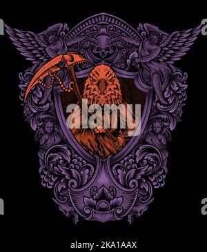 illustration aigle mort ange avec ornement gravure vintage Illustration de Vecteur