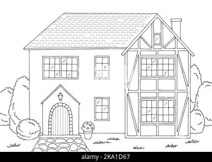 Vieille maison anglaise graphique noir blanc paysage dessin illustration vecteur Illustration de Vecteur