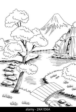 Japon jardin lac graphique noir blanc paysage esquisse verticale illustration vecteur Illustration de Vecteur