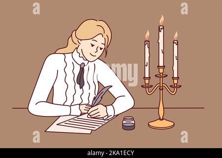 Une jeune femme en vêtements rétro s'assoit au bureau écrire avec des plumes et des bougies allumées. Bonne dame écrit sur le papier pendant les temps anciens. Style vintage. Illustration vectorielle. Illustration de Vecteur