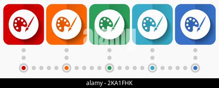 Pinceau, illustration, icônes vectorielles de pinceau, modèle d'infographie, jeu de symboles de conception plate dans 5 options de couleurs Illustration de Vecteur
