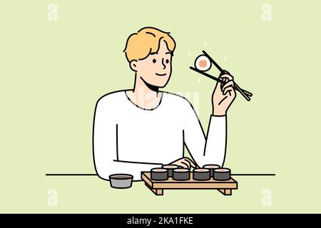 Un homme souriant s'assoit à table dans le restaurant où l'on mange des sushis avec des baguettes. Happy Guy appréciez la cuisine asiatique traditionnelle dans le café ou le bar. Illustration vectorielle. Illustration de Vecteur