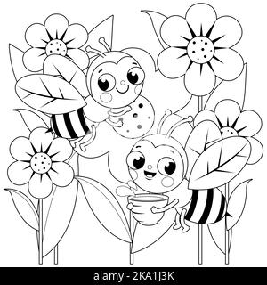 Les abeilles volant autour des fleurs. Page de couleur noir et blanc Banque D'Images