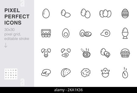 Ensemble d'icônes de la ligne des œufs. Conteneur, panier de chasse de pâques, coquille d'œuf, jaune, brouillé, illustration vectorielle minimale de l'ingrédient de cuisson. Signe de contour simple pour Illustration de Vecteur