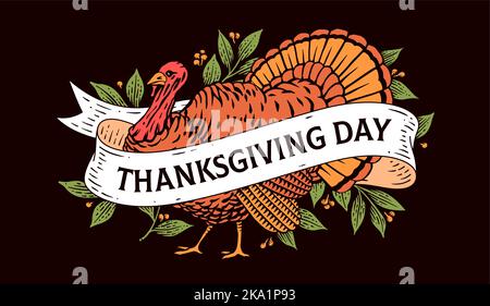 Turquie, bonne journée de Thanksgiving. Carte de voeux rétro avec dinde, ruban et texte joyeux Thanksgiving. Bannière en style gravure pour le joyeux Thanksgiving avec la dinde traditionnelle. Illustration vectorielle Illustration de Vecteur
