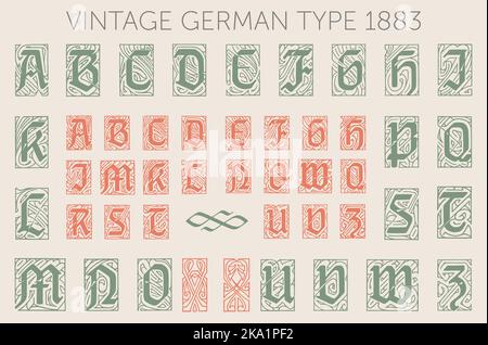 Caractères vintage, police, lettres majuscules. Pour les étiquettes et les différents types de conception. De la fonderie de type allemand Genzsch et Heyse fondée en 1833. Illustration de Vecteur