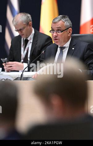 Prague, République tchèque. 31st octobre 2022. Le ministre tchèque de l'Industrie et du Commerce, Jozef Sikela, prend la parole le jour principal de la réunion informelle des ministres du Commerce pour discuter de la politique commerciale de l'UE dans un environnement économique et géopolitique de plus en plus incertain à l'Hôtel Corinthia Towers, Prague, République Tchèque, lundi, 31 octobre, 2022. Credit: Michal Kamaryt/CTK photo/Alamy Live News Banque D'Images