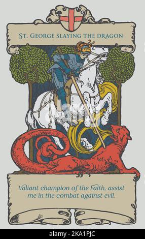 Saint George qui lapa le dragon. Saint patron d'Angleterre. Saint catholique Illustration de Vecteur