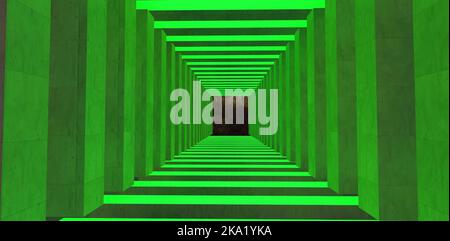 Forêt de nuit à la fin du tunnel fait de chiffres abstraits en béton illuminés par une LED verte. 3d rendu. Banque D'Images