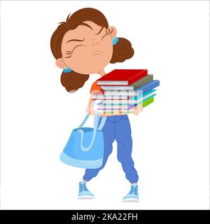 Fille avec pile de livres. Illustration isolée sur fond blanc. Illustration de Vecteur