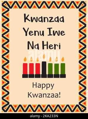 Carte aux sept bougies traditionnelles, symboles de Kwanzaa et mots - Kwanzaa Yenu IWE Na Heri - Happy Kwanzaa en swahili. Affiche avec PA ethnique africaine Illustration de Vecteur