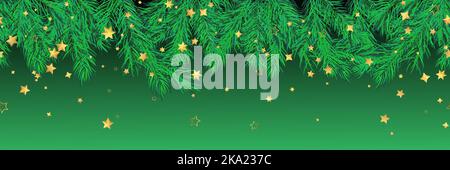 Bannière des fêtes Joyeux Noël. Design sans couture avec branches en pin et épicéa de fête et motif étoiles dorées sur vert. Idéal pour le nouvel an ou le Chr Illustration de Vecteur