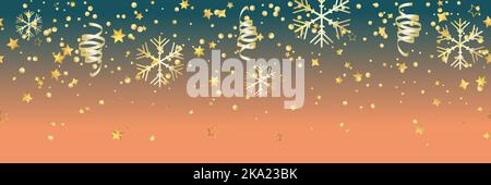 Bannière des fêtes Joyeux Noël et Bonne Année. Noël sans coutures avec des objets de fête réalistes, boule dorée, étoiles, flocons de neige. Super Illustration de Vecteur