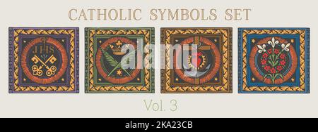 Jeu de 4 symboles catholiques, gravure vintage. Symbolisme catholique Illustration de Vecteur