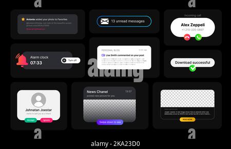 Notifications de messages entrants. Grand jeu d'illustrations. Concept d'interface utilisateur de médias sociaux en conception minimaliste sur fond noir. Entièrement modifiable. Réveil, appel entrant, nouveau poste, etc. Élément Web pour applications mobiles. Illustration vectorielle Illustration de Vecteur