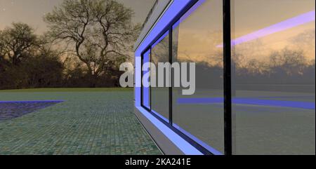 Éclairage LED bleu d'une grande fenêtre panoramique la nuit et de la piscine la nuit. Un vieux arbre sans feuilles. 3d rendu. Banque D'Images
