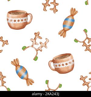 Motif de Noël sans coutures aquarelle. Motif avec une tasse de chocolat chaud, bonbons et renne. Illustration de Noël mignon dessinée à la main. Concevez pour des cadeaux Banque D'Images