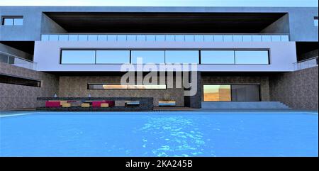 Vue sur un hôtel club moderne, piscine bleue en début de matinée, espace de loisirs dans la cour du bâtiment. Banque D'Images