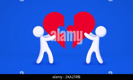 3d homme de dessin animé blanc tenant le gros coeur puzzle. Concept d'amour. Arrière-plan bleu isolé. Illustration vectorielle Illustration de Vecteur