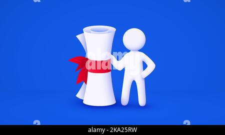 3d homme de dessin animé blanc titulaire d'un grand diplôme ou d'un certificat. Concept d'éducation. Arrière-plan bleu isolé. Illustration vectorielle Illustration de Vecteur