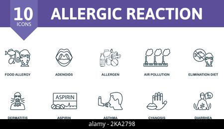 Jeu d'icônes de réaction allergique. Collection d'icônes de réaction allergique simple monochrome. Allergie alimentaire, adénoïdes, allergène, pollution de l'air, régime d'élimination Illustration de Vecteur