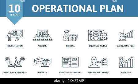 Ensemble d'icônes de plan opérationnel. Collection d'icônes de plan opérationnel simple monochrome. Présentation, Audièce, Capital, modèle d'entreprise, Plan de marketing Illustration de Vecteur