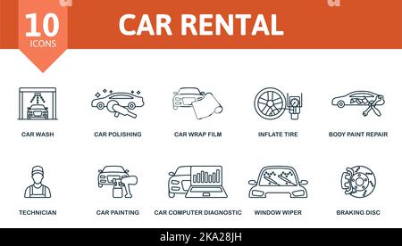 Ensemble d'icônes de location de voitures. Collection monochrome simple car Rental Icon. Lavage de voiture, polissage de voiture, film d'emballage de voiture, gonflage des pneus, réparation de peinture de carrosserie, Technicien Illustration de Vecteur