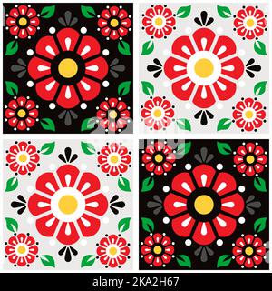 Talavera mexicain joli motif vectoriel de carreaux fleuris sans couture avec fleurs et feuilles rouges sur fond noir et gris, décoration rétro Illustration de Vecteur