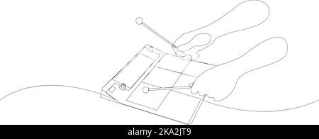 Dessin continu d'une personne jouant de tambour électronique avec des bâtons. Mains tenant les bras de tambour en gros plan. Illustration vectorielle Illustration de Vecteur