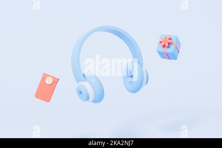 Écouteurs de style dessin animé sur fond bleu, rendu 3D. Dessin numérique. Banque D'Images