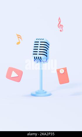 Microphone de dessin animé sur fond bleu, rendu 3D. Dessin numérique. Banque D'Images