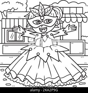 Mardi gras Jester Girl coloriage page pour enfants Illustration de Vecteur