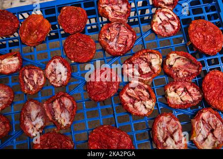 Vue de dessus des tomates séchant au soleil Banque D'Images