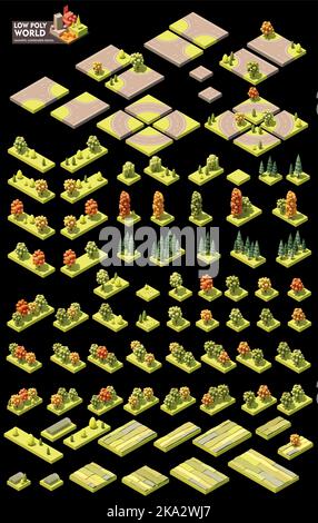 Ensemble de création de cartes vectorielles isométriques. Éléments de carte combinables. Différents arbres, éléments routiers, serre Illustration de Vecteur