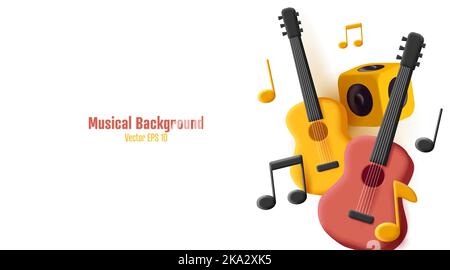 3d composition avec guitare classique et notes et colonnes, vecteur isolé Illustration de Vecteur