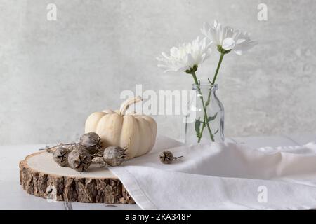 Citrouille bébé Boo Ghost sur bloc de bois avec graines de nigelle, serviette en lin et 2 chrysanthèmes blancs sur fond clair. Net, léger et aéré. Banque D'Images