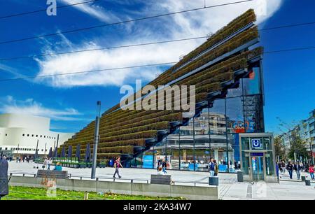 Düsseldorf (2), Allemagne - 9 octobre. 2022: Le climat amical de jardinage urbain avec triangle forme verre architecture bâtiment et roo en terrasse Banque D'Images