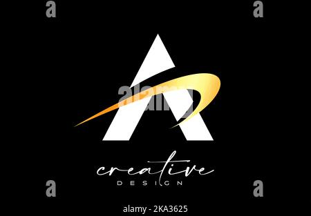 Un logo lettre avec logo Swoosh doré créatif. Lettre a icône initiale avec illustration vectorielle de forme incurvée. Illustration de Vecteur